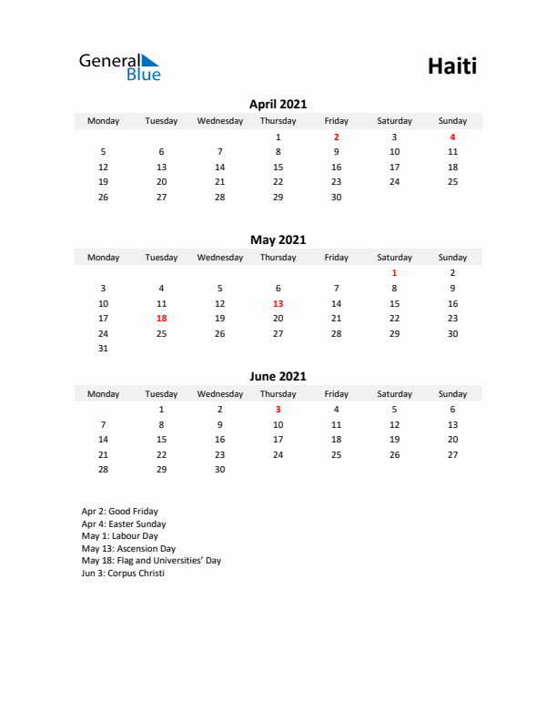 Printable Quarterly Calendar with Notes and Haiti Holidays- Q2 of 2021