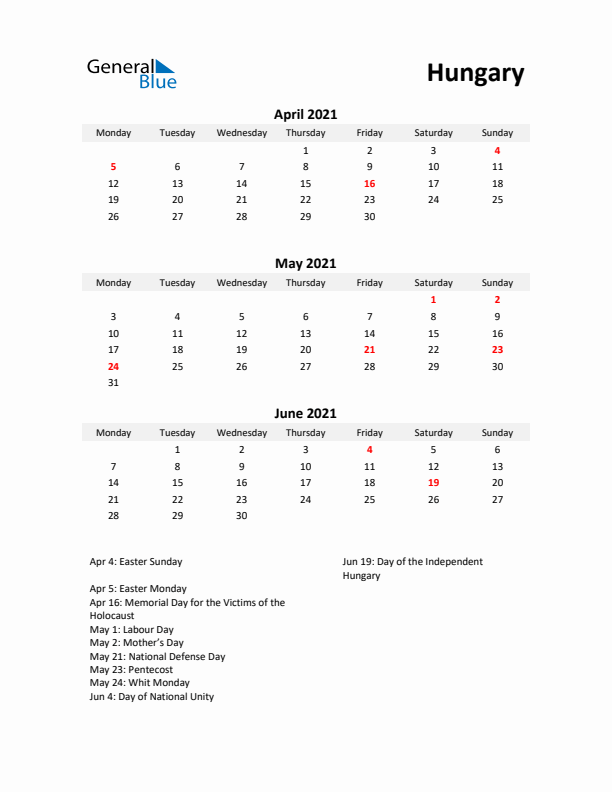 Printable Quarterly Calendar with Notes and Hungary Holidays- Q2 of 2021