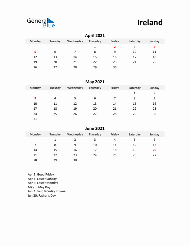 Printable Quarterly Calendar with Notes and Ireland Holidays- Q2 of 2021