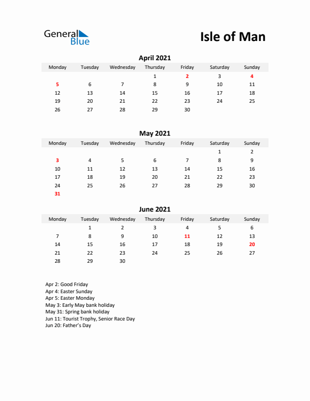 Printable Quarterly Calendar with Notes and Isle of Man Holidays- Q2 of 2021