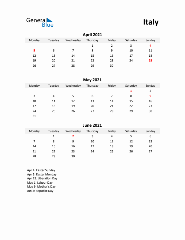 Printable Quarterly Calendar with Notes and Italy Holidays- Q2 of 2021