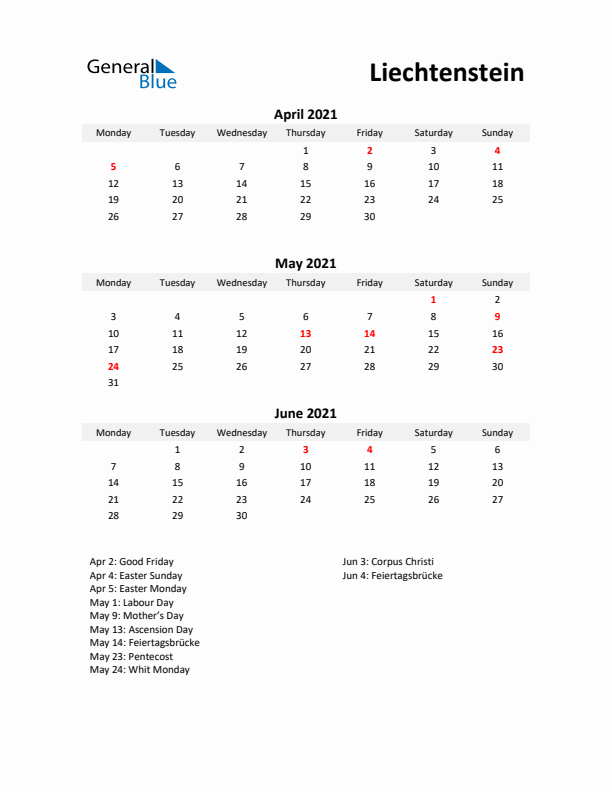 Printable Quarterly Calendar with Notes and Liechtenstein Holidays- Q2 of 2021