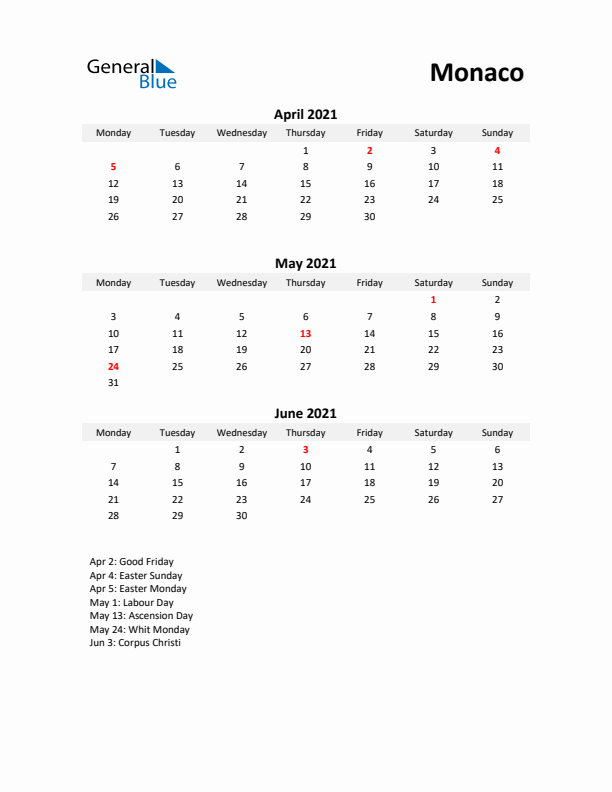 Printable Quarterly Calendar with Notes and Monaco Holidays- Q2 of 2021