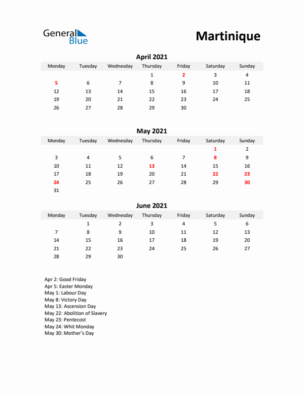 Printable Quarterly Calendar with Notes and Martinique Holidays- Q2 of 2021