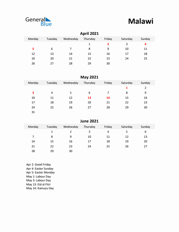 Printable Quarterly Calendar with Notes and Malawi Holidays- Q2 of 2021