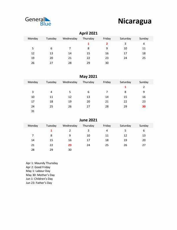 Printable Quarterly Calendar with Notes and Nicaragua Holidays- Q2 of 2021