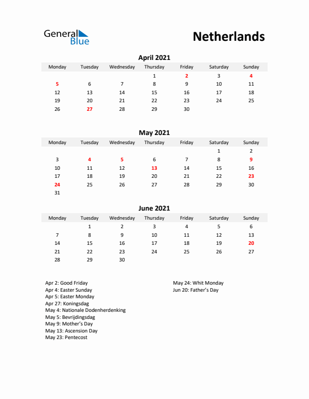 Printable Quarterly Calendar with Notes and The Netherlands Holidays- Q2 of 2021