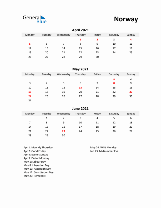 Printable Quarterly Calendar with Notes and Norway Holidays- Q2 of 2021