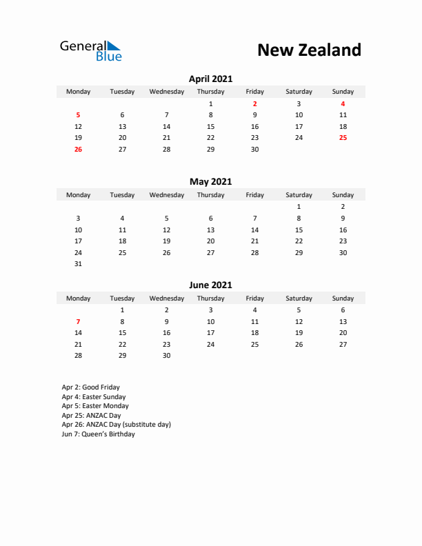 Printable Quarterly Calendar with Notes and New Zealand Holidays- Q2 of 2021