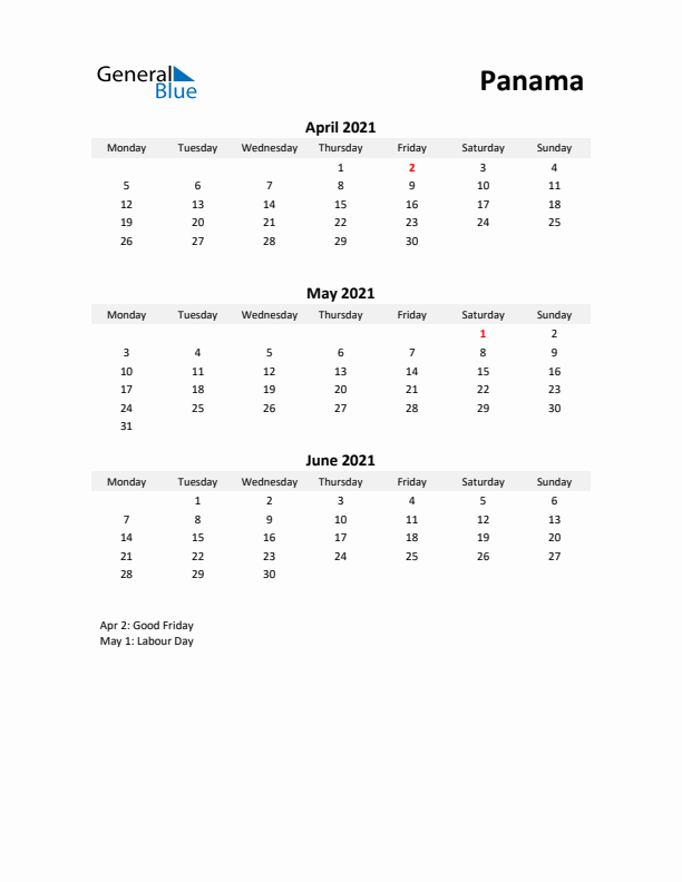 Printable Quarterly Calendar with Notes and Panama Holidays- Q2 of 2021