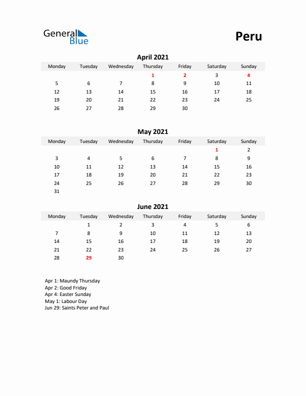 Printable Quarterly Calendar with Notes and Peru Holidays- Q2 of 2021