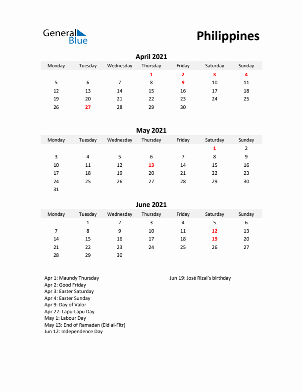 Printable Quarterly Calendar with Notes and Philippines Holidays- Q2 of 2021