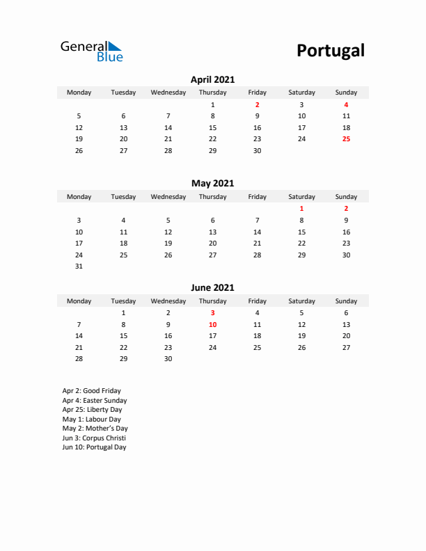 Printable Quarterly Calendar with Notes and Portugal Holidays- Q2 of 2021