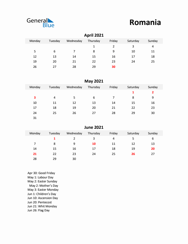 Printable Quarterly Calendar with Notes and Romania Holidays- Q2 of 2021