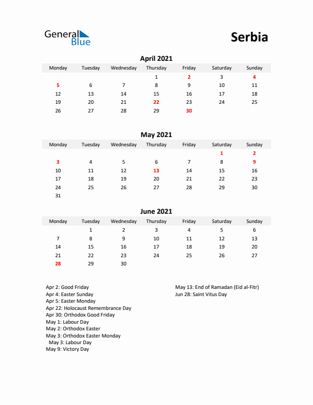 Printable Quarterly Calendar with Notes and Serbia Holidays- Q2 of 2021