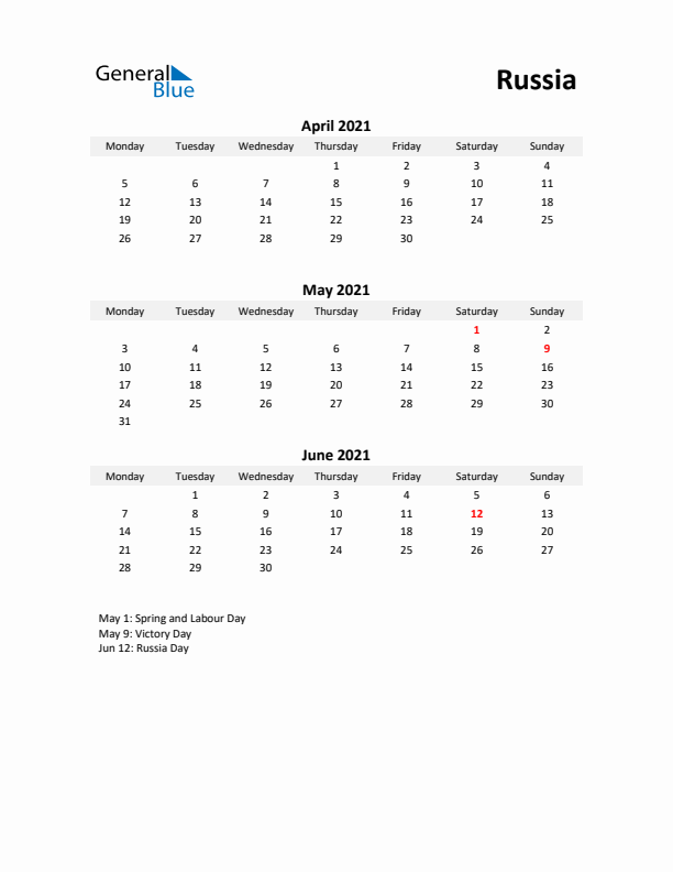 Printable Quarterly Calendar with Notes and Russia Holidays- Q2 of 2021