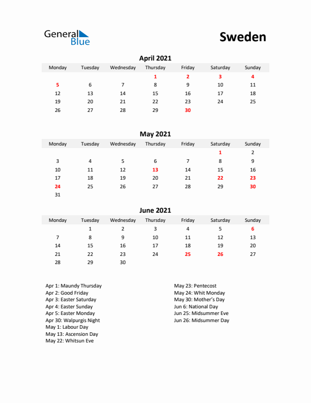 Printable Quarterly Calendar with Notes and Sweden Holidays- Q2 of 2021