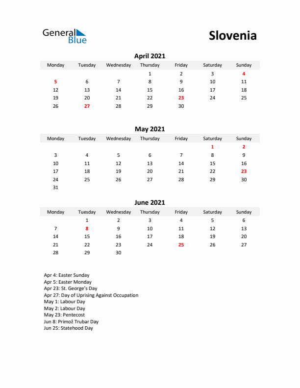 Printable Quarterly Calendar with Notes and Slovenia Holidays- Q2 of 2021