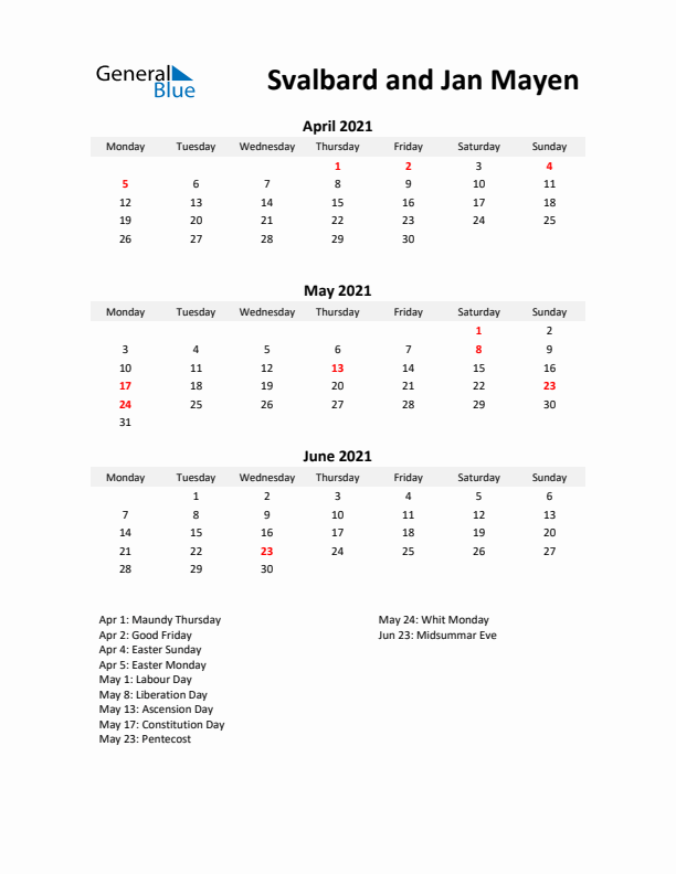 Printable Quarterly Calendar with Notes and Svalbard and Jan Mayen Holidays- Q2 of 2021