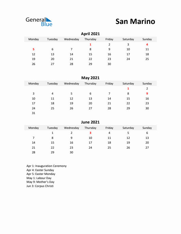 Printable Quarterly Calendar with Notes and San Marino Holidays- Q2 of 2021