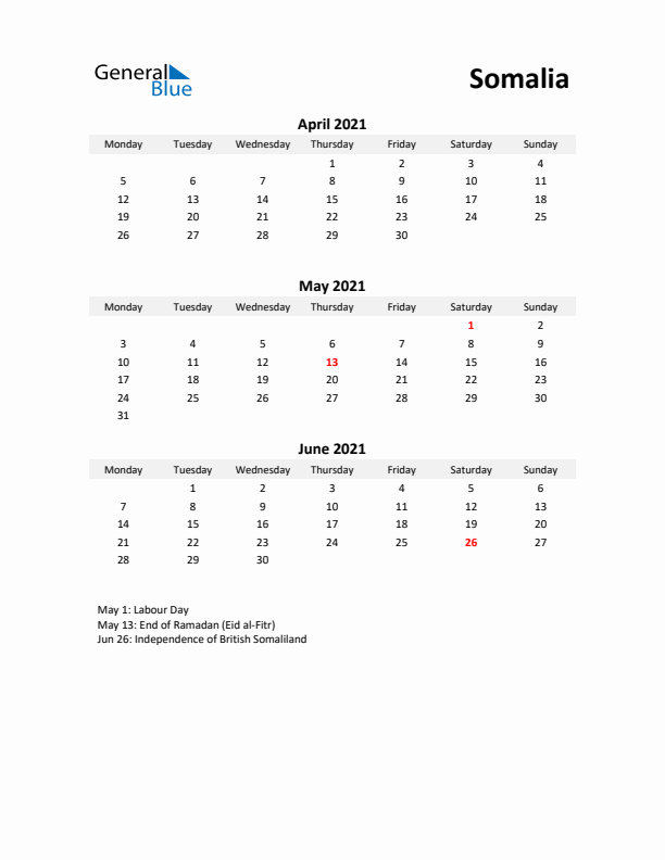 Printable Quarterly Calendar with Notes and Somalia Holidays- Q2 of 2021