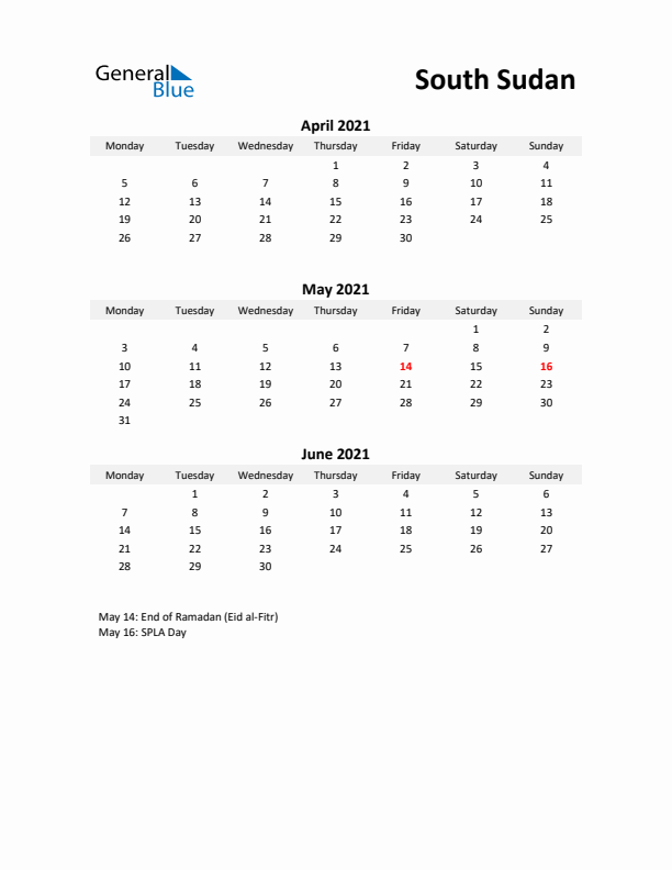 Printable Quarterly Calendar with Notes and South Sudan Holidays- Q2 of 2021