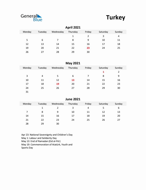 Printable Quarterly Calendar with Notes and Turkey Holidays- Q2 of 2021