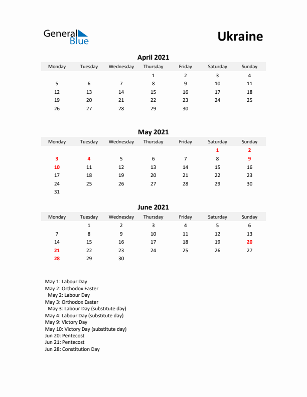 Printable Quarterly Calendar with Notes and Ukraine Holidays- Q2 of 2021