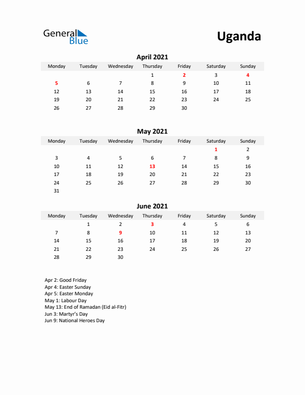 Printable Quarterly Calendar with Notes and Uganda Holidays- Q2 of 2021