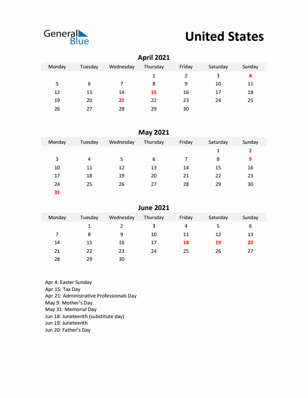 Printable Quarterly Calendar with Notes and United States Holidays- Q2 of 2021