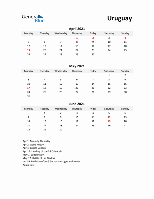 Printable Quarterly Calendar with Notes and Uruguay Holidays- Q2 of 2021