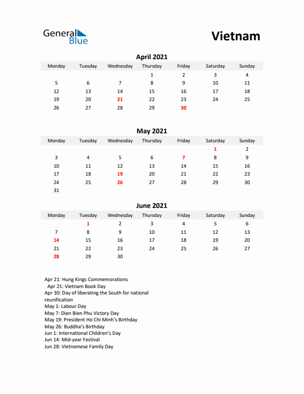 Printable Quarterly Calendar with Notes and Vietnam Holidays- Q2 of 2021