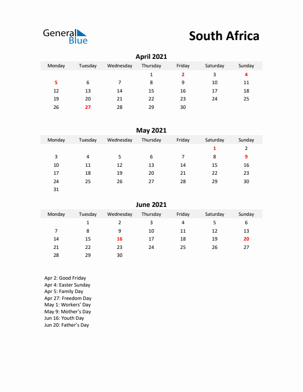 Printable Quarterly Calendar with Notes and South Africa Holidays- Q2 of 2021