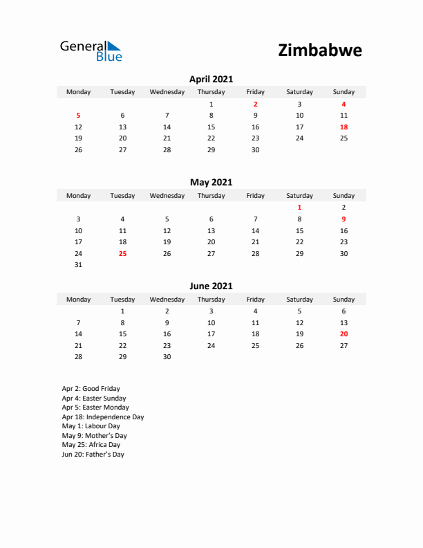 Printable Quarterly Calendar with Notes and Zimbabwe Holidays- Q2 of 2021