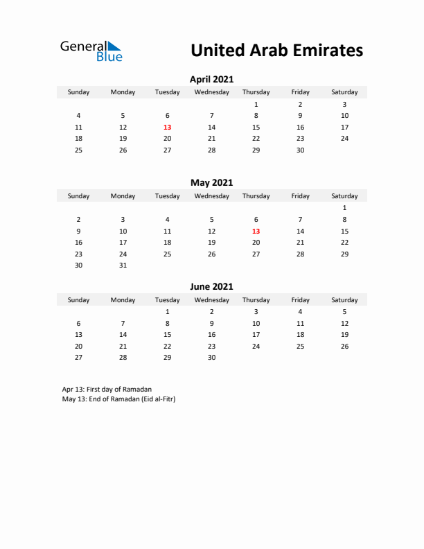 Printable Quarterly Calendar with Notes and United Arab Emirates Holidays- Q2 of 2021