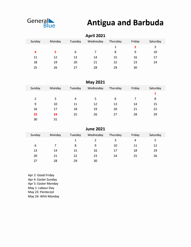 Printable Quarterly Calendar with Notes and Antigua and Barbuda Holidays- Q2 of 2021