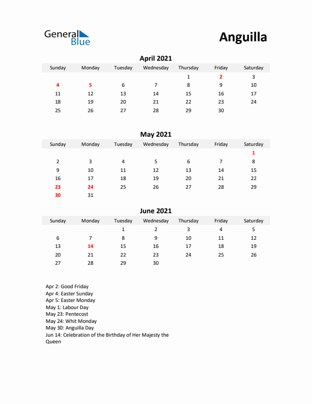 Printable Quarterly Calendar with Notes and Anguilla Holidays- Q2 of 2021