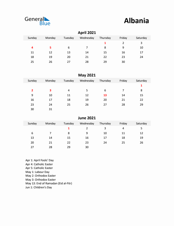 Printable Quarterly Calendar with Notes and Albania Holidays- Q2 of 2021