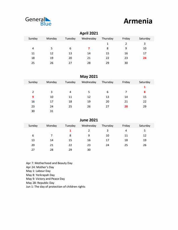 Printable Quarterly Calendar with Notes and Armenia Holidays- Q2 of 2021