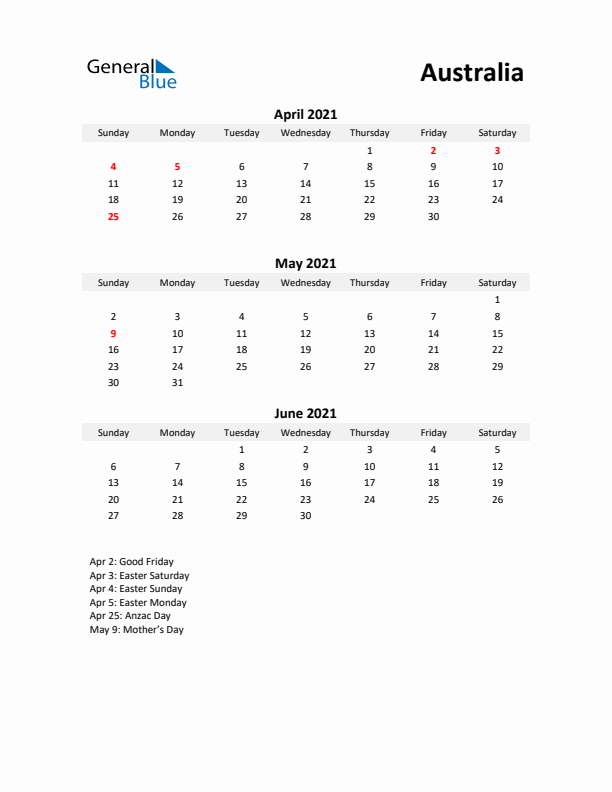 Printable Quarterly Calendar with Notes and Australia Holidays- Q2 of 2021