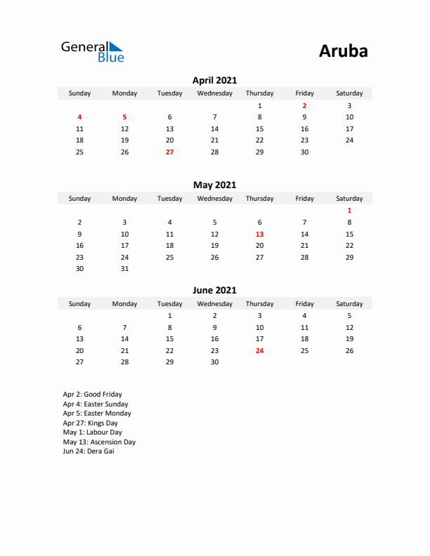 Printable Quarterly Calendar with Notes and Aruba Holidays- Q2 of 2021