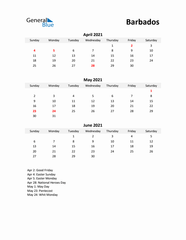 Printable Quarterly Calendar with Notes and Barbados Holidays- Q2 of 2021