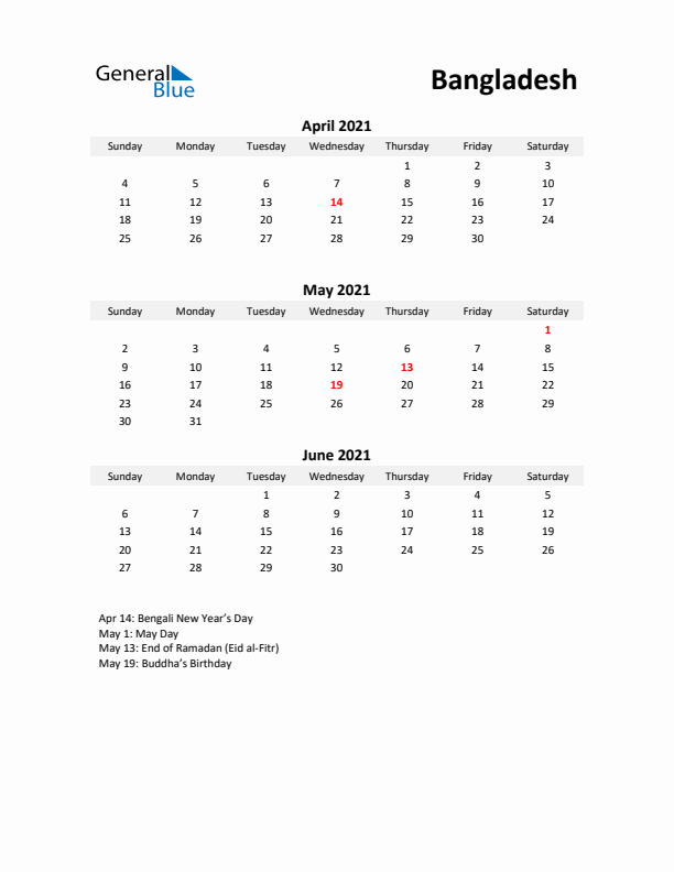 Printable Quarterly Calendar with Notes and Bangladesh Holidays- Q2 of 2021