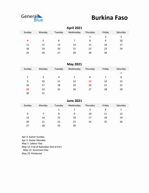 Printable Quarterly Calendar with Notes and Burkina Faso Holidays- Q2 of 2021