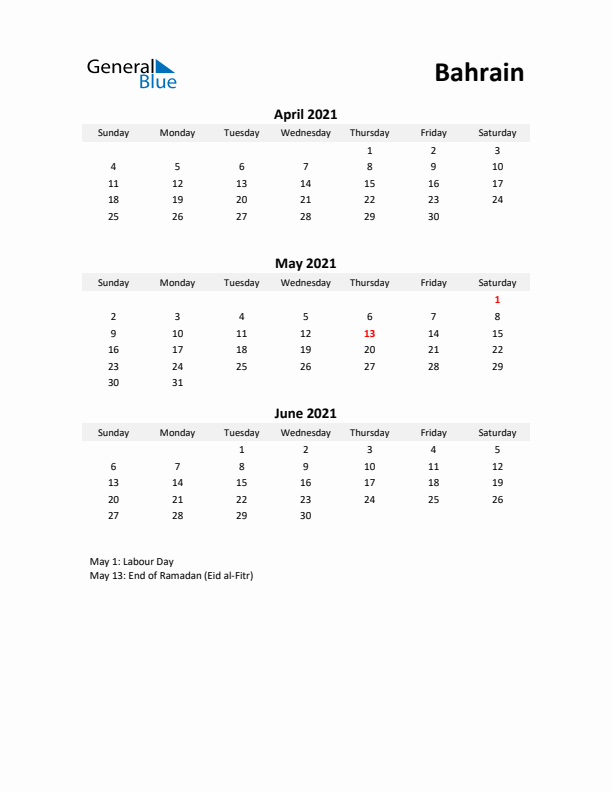 Printable Quarterly Calendar with Notes and Bahrain Holidays- Q2 of 2021