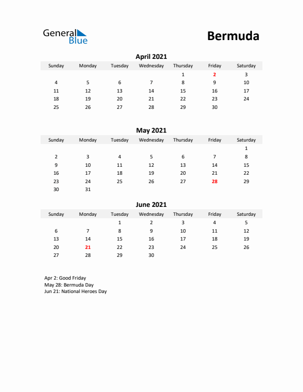 Printable Quarterly Calendar with Notes and Bermuda Holidays- Q2 of 2021