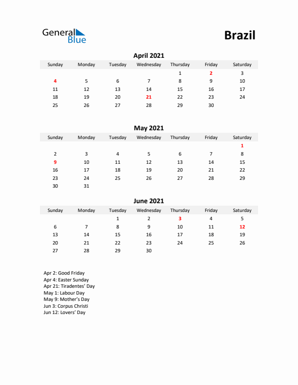 Printable Quarterly Calendar with Notes and Brazil Holidays- Q2 of 2021