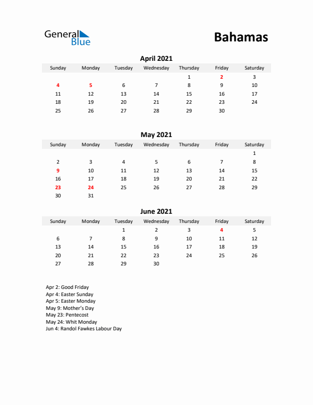 Printable Quarterly Calendar with Notes and Bahamas Holidays- Q2 of 2021