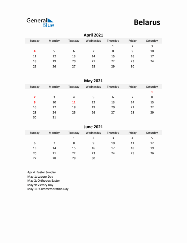 Printable Quarterly Calendar with Notes and Belarus Holidays- Q2 of 2021