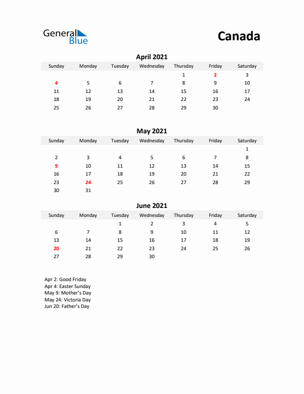 Printable Quarterly Calendar with Notes and Canada Holidays- Q2 of 2021